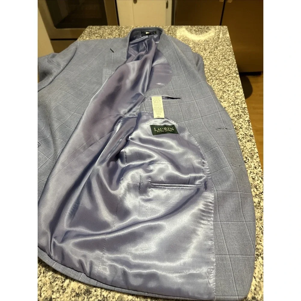 Lauren Ralph Lauren Men's Blazer 44R Light Blue Windowpane Silk/wool